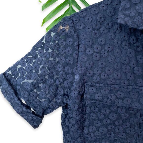 Banana Republic Floral Embroidered Peplum Button-Front Shirt in Navy - Picture 7 of 9